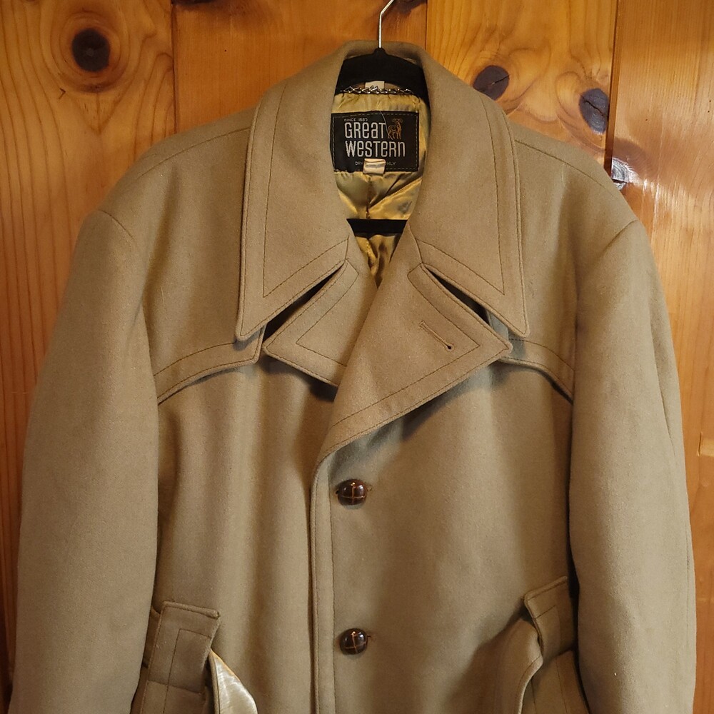 Vintage 70s Great Western Wool Coat Size 44 Tan Button Front Belted Jacket vtg
